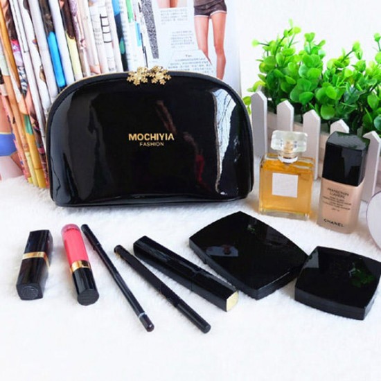 Women PVC Black Cosmetic Bag Casual Travel Clutch Bag