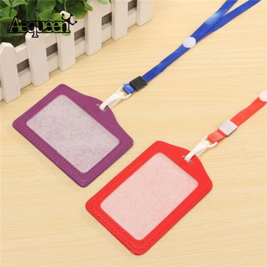 10 Sets Of PU Leather Business ID Card Holder Neck Lanyard Name Card Case