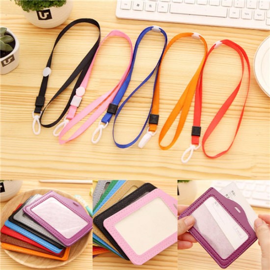 10 Sets Of PU Leather Business ID Card Holder Neck Lanyard Name Card Case