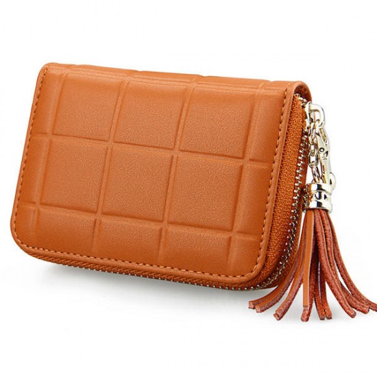 Women Genuine Leather RFID Quilted Card Holder Girls Tassel Zipper Short Wallet Coin Bags