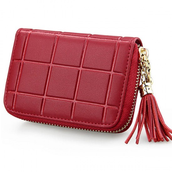 Women Genuine Leather RFID Quilted Card Holder Girls Tassel Zipper Short Wallet Coin Bags