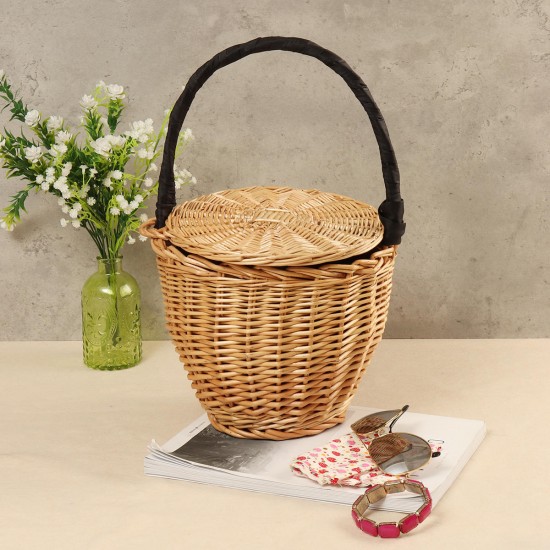 100% Handmade Straw Woven Tote Wicker Bag With Lid Bamboo Basket Handbag