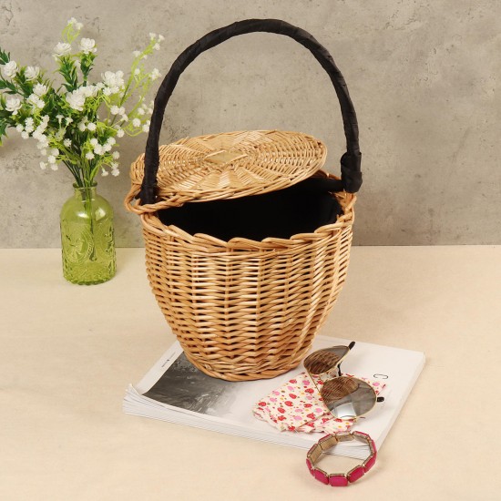 100% Handmade Straw Woven Tote Wicker Bag With Lid Bamboo Basket Handbag