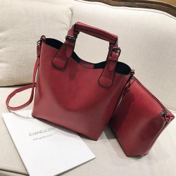 2 PCS Large Capacity Vintage Handbag Solid PU Leather Crossbody Bag Bucket Bag