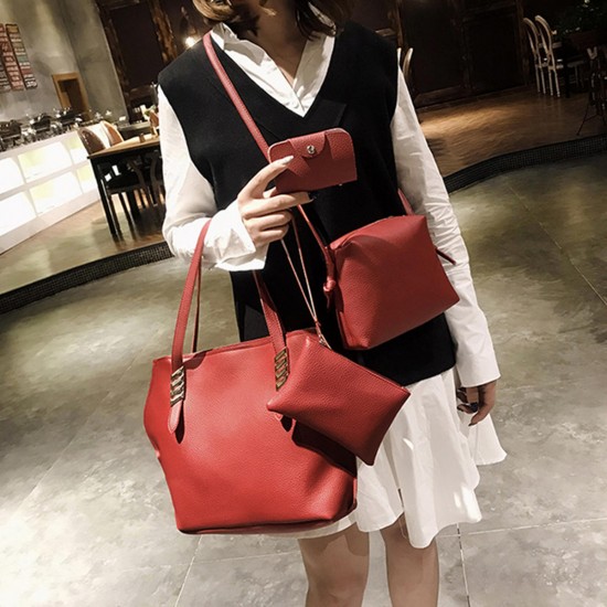 4Pcs Faux Leather Solid Leisure Handbag Shoulder Bag For Women