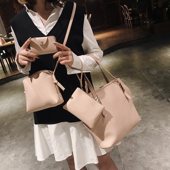 4Pcs Faux Leather Solid Leisure Handbag Shoulder Bag For Women