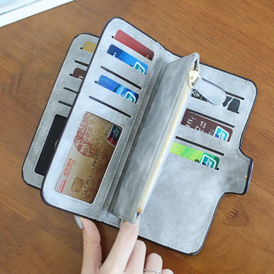 14 Card Slots Woman Four Fold Wallet Purse Faux Leather Card Bag Multi Card Slots Phone Bag