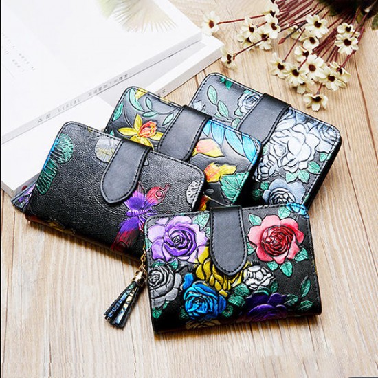 Bifold Women Embossed Genuine Leather Wallet 13 Card Slot Short Coin Purse