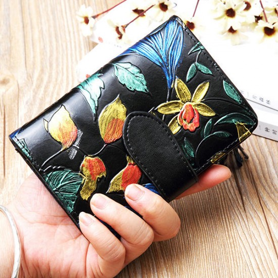 Bifold Women Embossed Genuine Leather Wallet 13 Card Slot Short Coin Purse