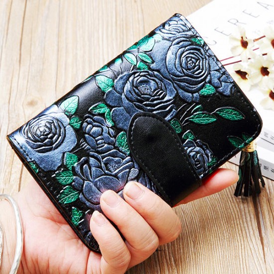 Bifold Women Embossed Genuine Leather Wallet 13 Card Slot Short Coin Purse