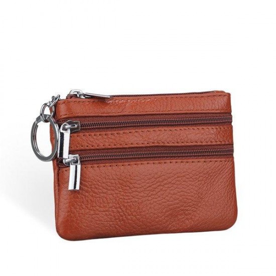 Women Genuine Leather Double Zipper Card Holder Clutch Wallet Candy Color Coin Bags