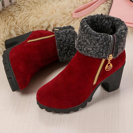 Ankle Fur Round Toe Winter Snow Chunky Heel Boots