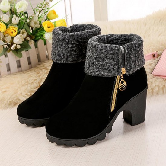 Ankle Fur Round Toe Winter Snow Chunky Heel Boots