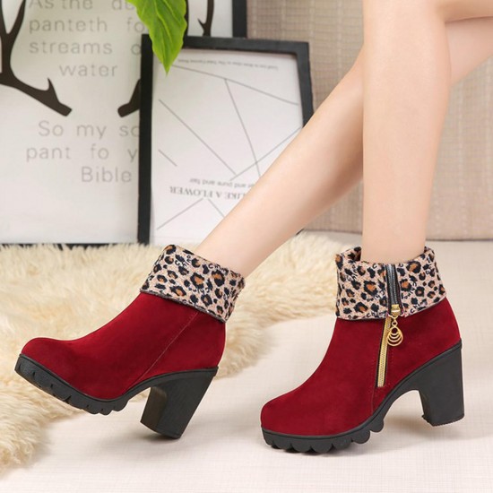 Ankle Fur Round Toe Winter Snow Chunky Heel Boots