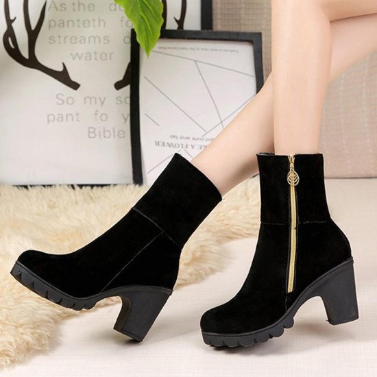 Ankle Fur Round Toe Winter Snow Chunky Heel Boots