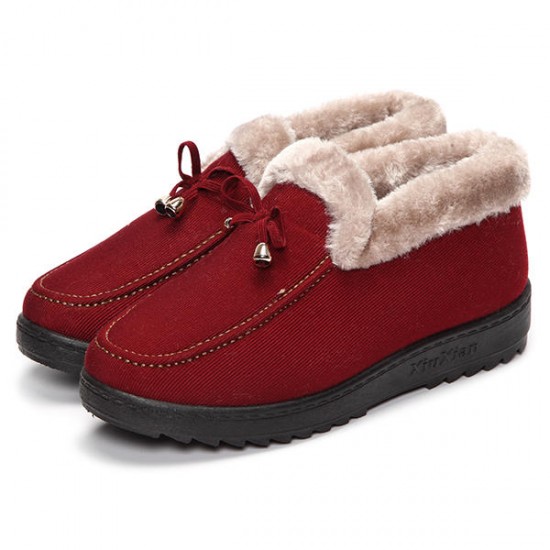 Bowknot Slip On Faux Fur Lining Soft Sole Round Toe Warm Short Boots