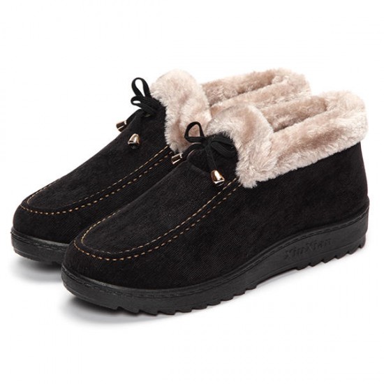 Bowknot Slip On Faux Fur Lining Soft Sole Round Toe Warm Short Boots