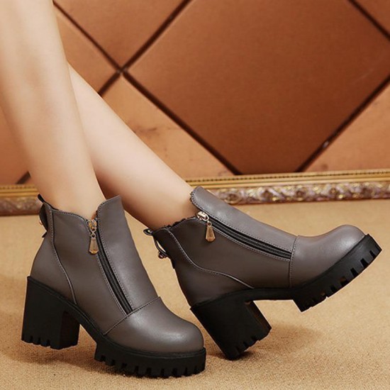 Casual Women Boots Chunky Heel Side Zipper Ankle Short Boots