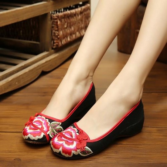 Big Size Mary Janes Chinese Embroidered Flower Flat Shoes Linen Slip-ons