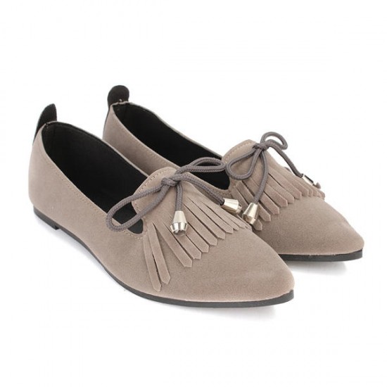 Bowknot Suede Pointed Toe Loafers Flat Tassels Pumps Shoes