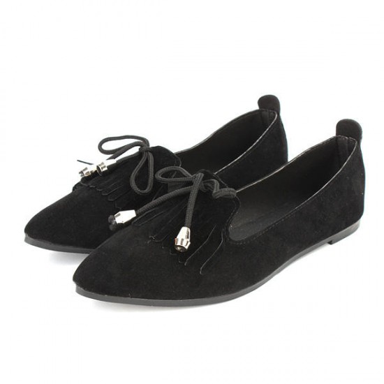 Bowknot Suede Pointed Toe Loafers Flat Tassels Pumps Shoes