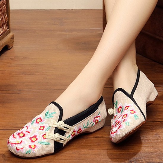 Chinese Style Embroidered Flower Slip On Flat Shoes Linen Loafers