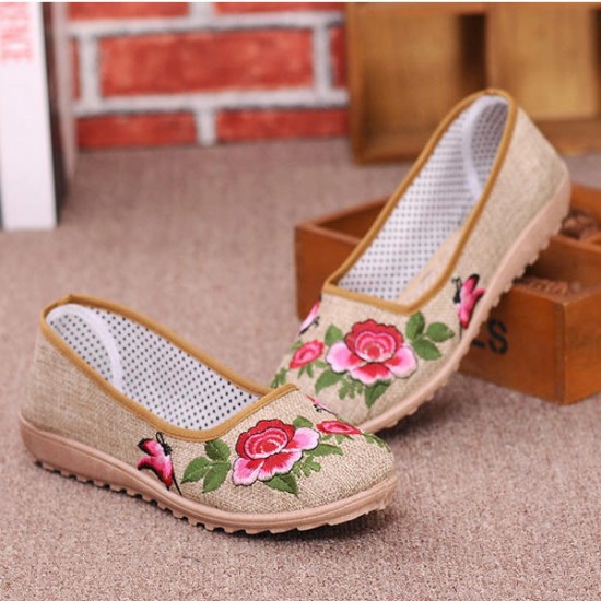 Chinese Style Flower Embroidered Flat Loafers Soft Sole Linen Slip-ons
