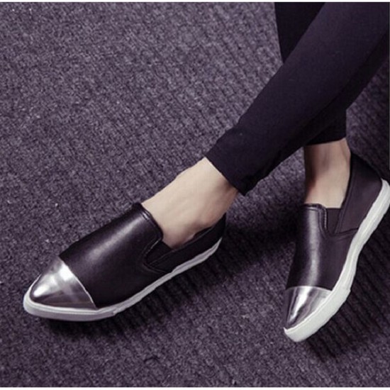 Women Ladies Flats Vintage PU Leather Loafers Pointed Toe Silver Metal Design