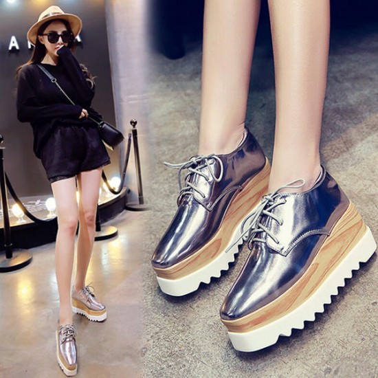 New Women Shiny Lace Up Flats Double Platform Oxfords Fashion Comfortable Shoes