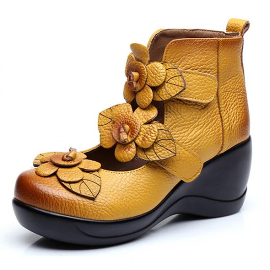SOCOFY Women Genuine Leather Flower Retro Hook Loop Platporm Shoes
