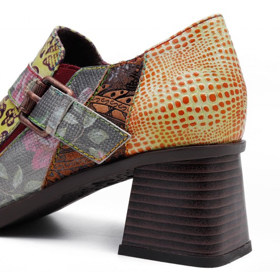SOCOFY Floral Pattern Buckle Zipper Genuine Leather Pumps SOCOFY Floral Pattern Buckle Zipper Genuine Leather Pumps
