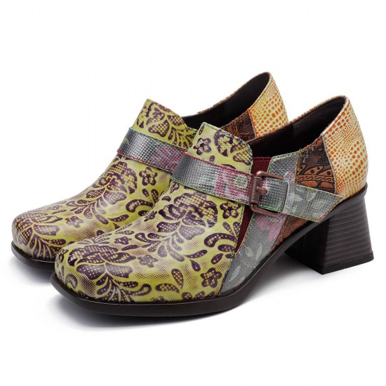 SOCOFY Floral Pattern Buckle Zipper Genuine Leather Pumps