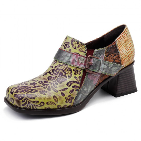 SOCOFY Floral Pattern Buckle Zipper Genuine Leather Pumps