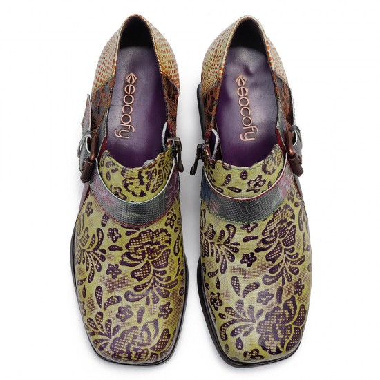 SOCOFY Floral Pattern Buckle Zipper Genuine Leather Pumps SOCOFY Floral Pattern Buckle Zipper Genuine Leather Pumps