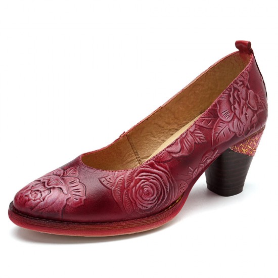 SOCOFY Genuine Leather Handmade Flowers Pattern Soft Pumps