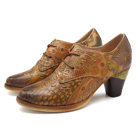 SOCOFY Handmade Embossed Pattern Genuine Leather Pumps