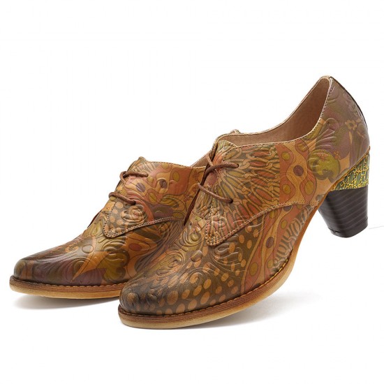 SOCOFY Handmade Embossed Pattern Genuine Leather Pumps