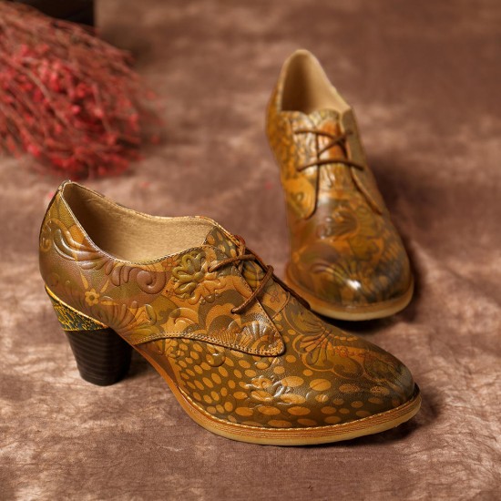 SOCOFY Handmade Embossed Pattern Genuine Leather Pumps