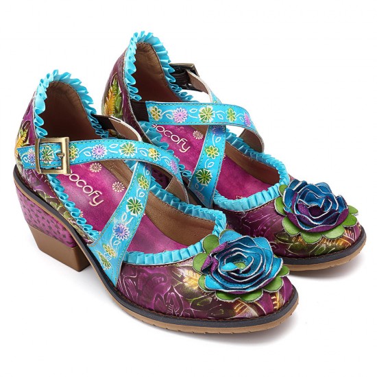 SOCOFY Handmade Floral Cross Tied Genuine Leather Pumps
