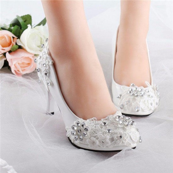 White Floral Lace Shiny Crystal High Heels Wedding Shoes