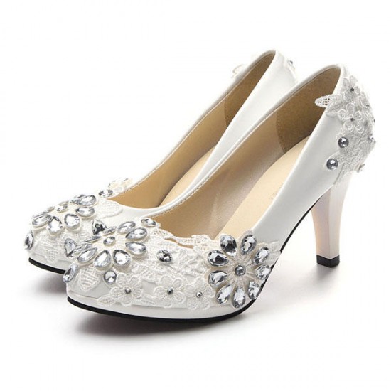 White Floral Lace Shiny Crystal High Heels Wedding Shoes