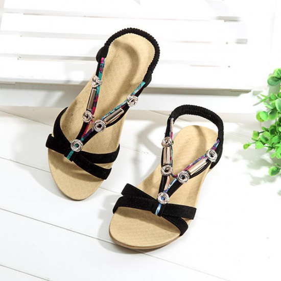 Beaded Roman Style Elastic Beach Flat Sandals