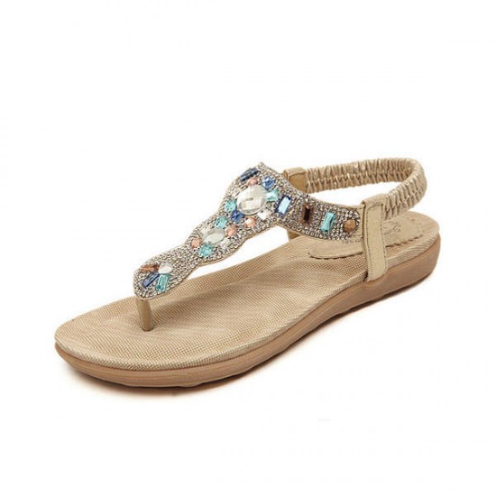 Bohemia Bead Rhinestone Elastic Beach Flat Sandals Peep Toe Flip Flops