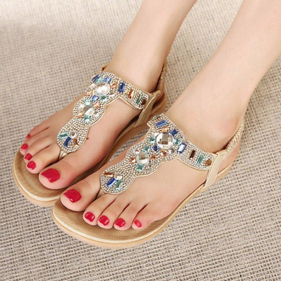 Bohemia Bead Rhinestone Elastic Beach Flat Sandals Peep Toe Flip Flops