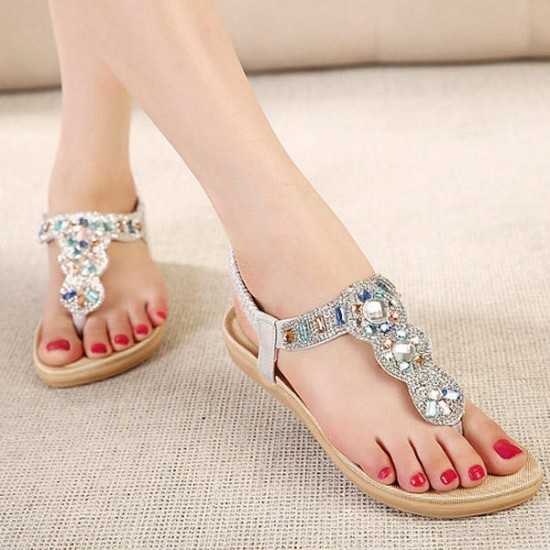 Bohemia Bead Rhinestone Elastic Beach Flat Sandals Peep Toe Flip Flops