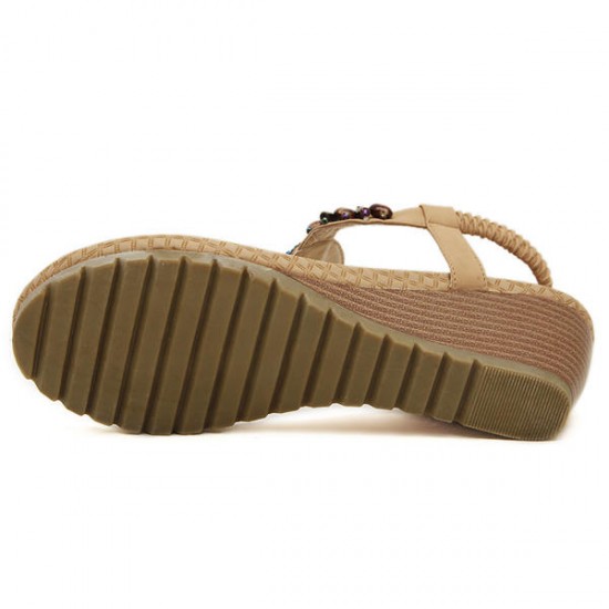 Bohemia Bead Wedge Beach Sandals Slip On Flip Flops Elastic Peep Toe Wedges