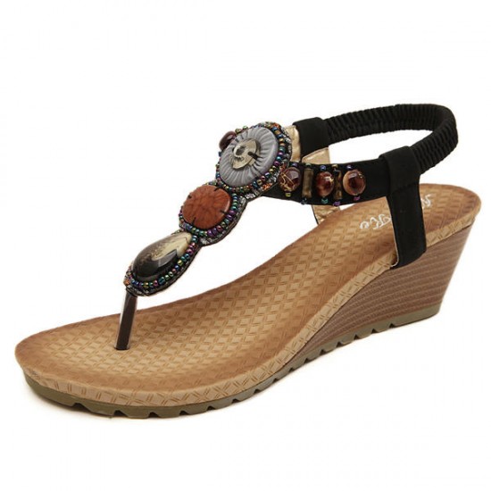 Bohemia Bead Wedge Beach Sandals Slip On Flip Flops Elastic Peep Toe Wedges