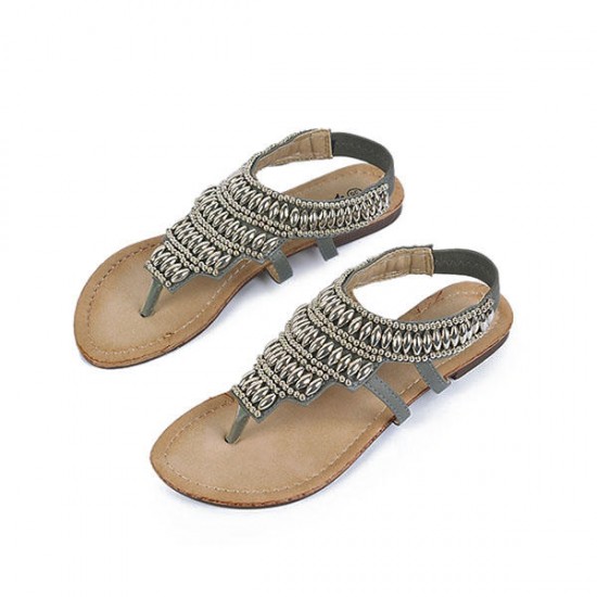 Bohemia Beaded Retro Vintage Beach Sandals Peep Toe Slip On Flat Sandals