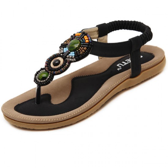 Bohemia Rhinestone Bead Beach Sandals Elastic Slip On Flat Sandals