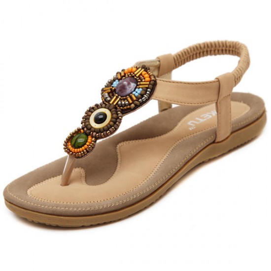 Bohemia Rhinestone Bead Beach Sandals Elastic Slip On Flat Sandals